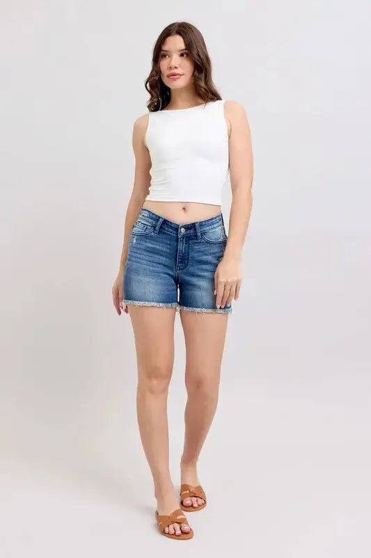Judy Blue Jeans - Full Size V-Front Denim Shorts with Shield Pockets - Be Bliss Boutique