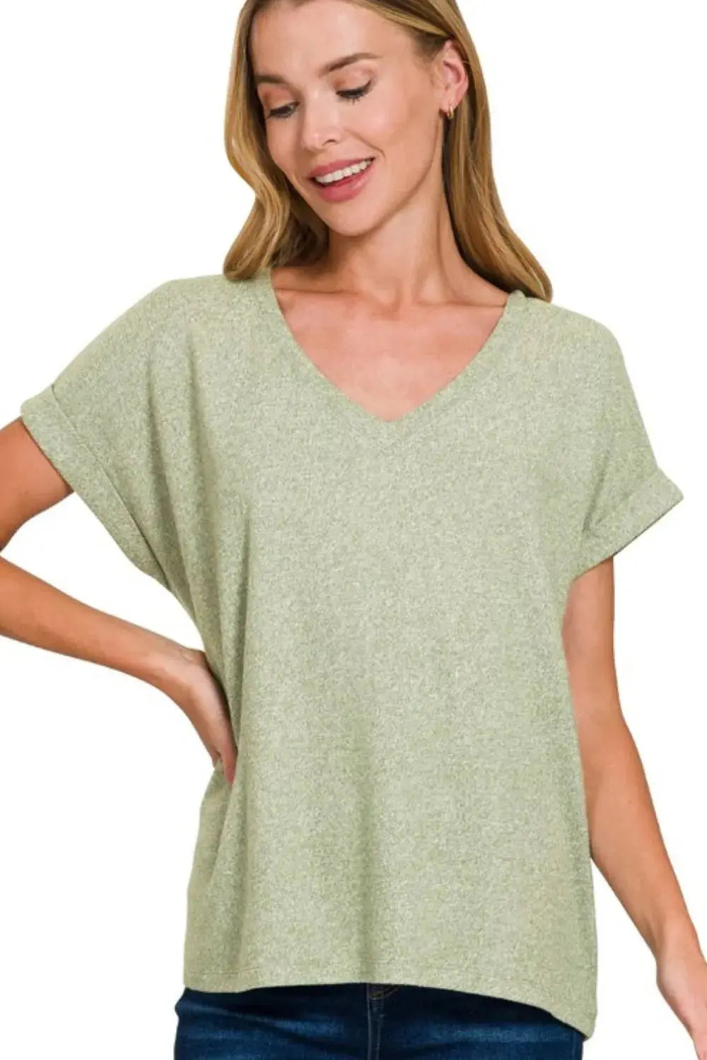 Zenana Soft Melange Hacci V-Neck Relaxed Fit Tee - Be Bliss Boutique