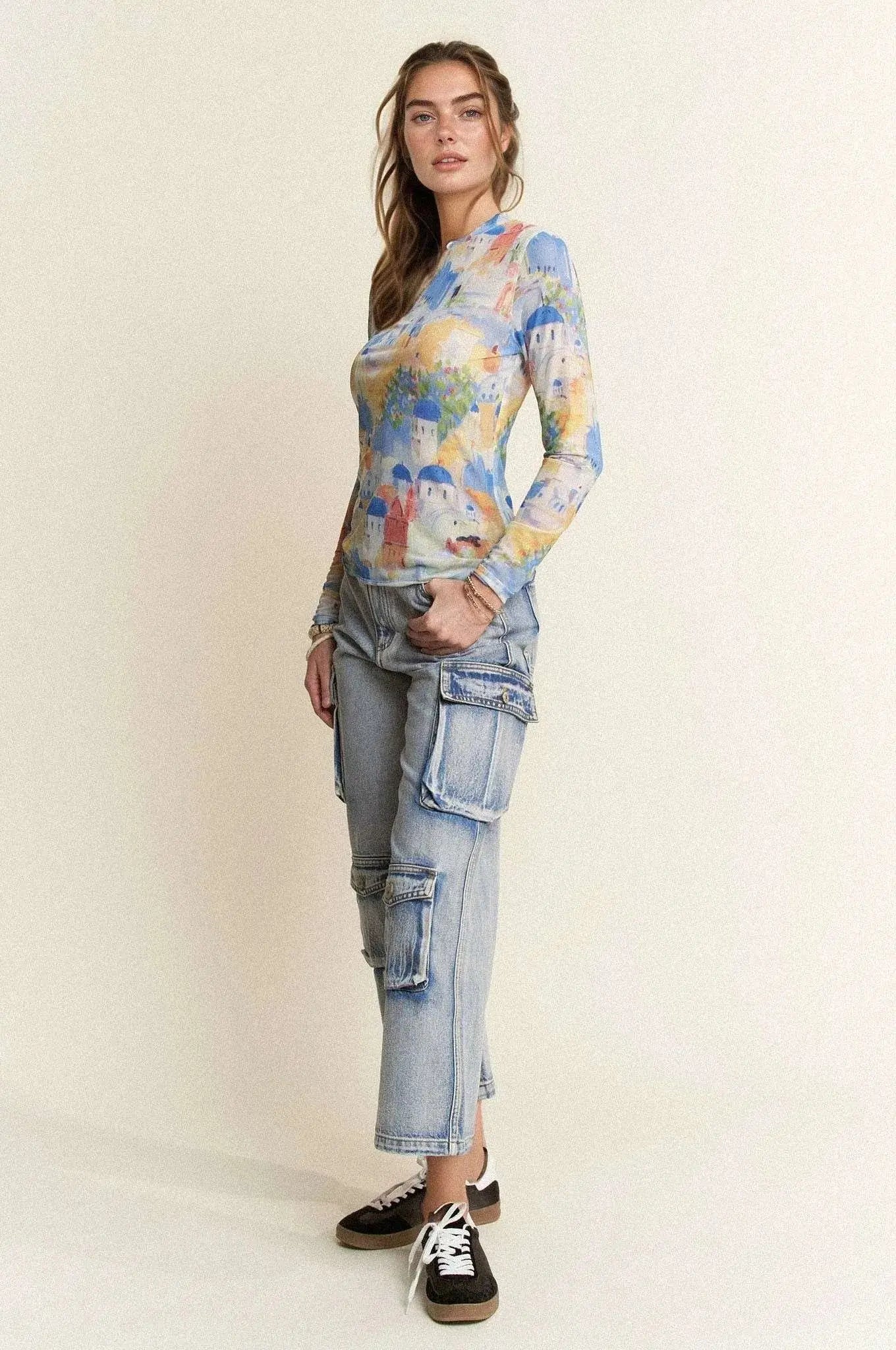 Davi & Dani Multi Printed Round Neck Mesh Long Sleeve Top - Be Bliss Boutique