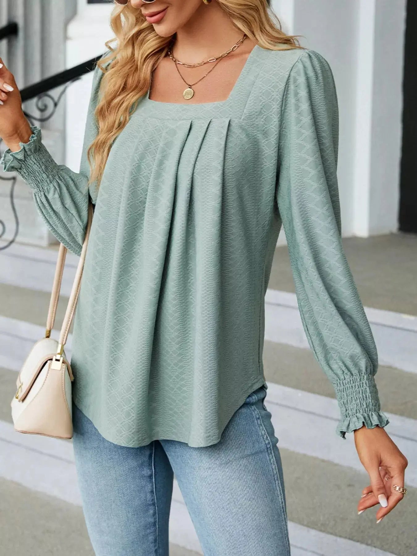 Pleated Square Neck Long Sleeve Top - Be Bliss Boutique