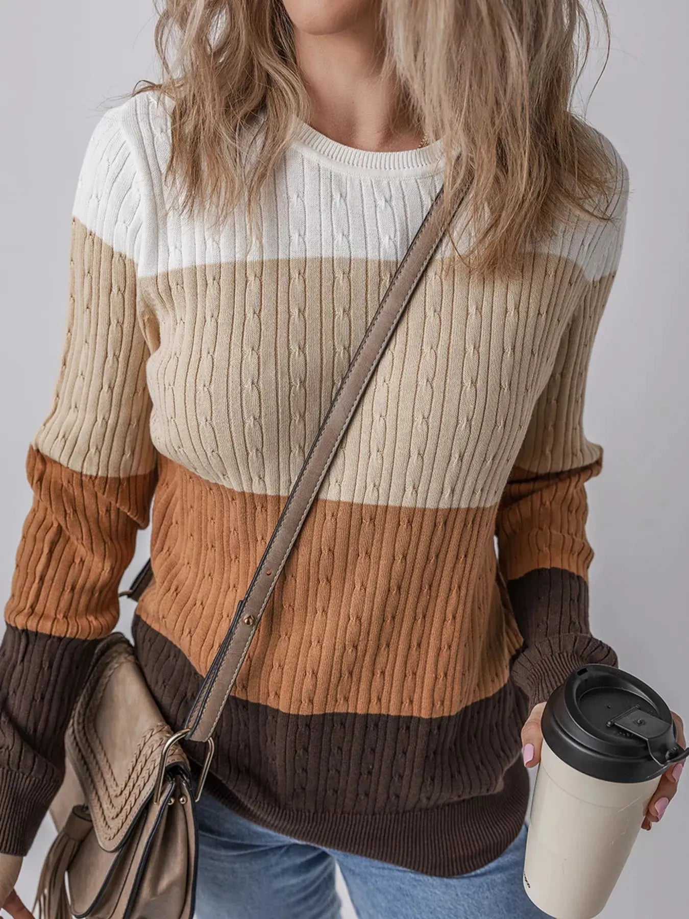 Colorblock Round Neck Cable Knit Sweater - Be Bliss Boutique