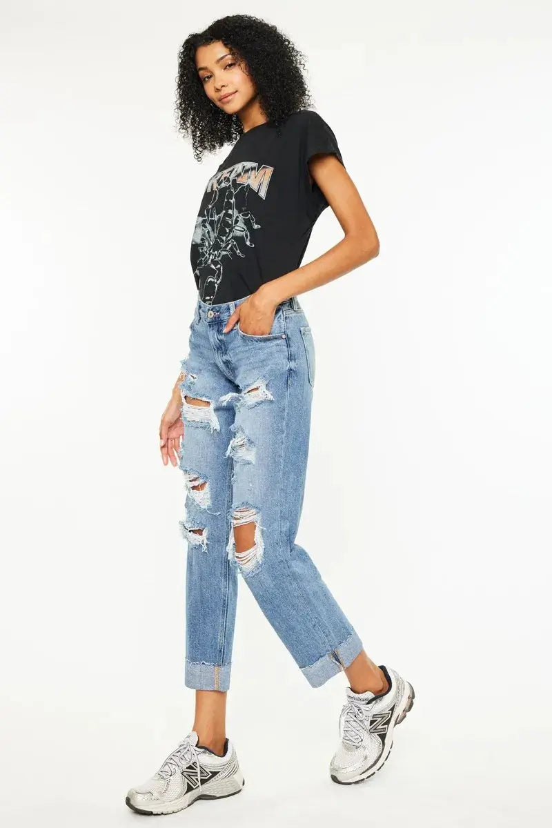 Mid Rise Distressed Kancan Boyfriend Jeans - Medium Wash - Be Bliss Boutique