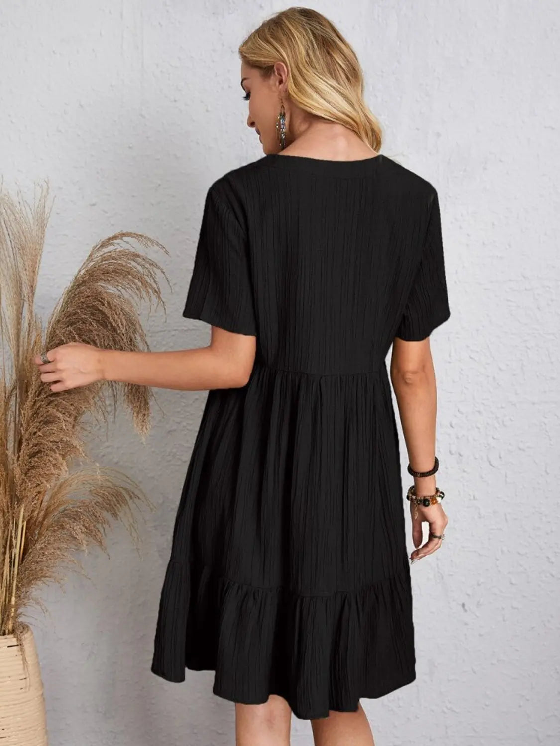 Boho Textured V-Neck Short Sleeve Babydoll Dress - Be Bliss Boutique
