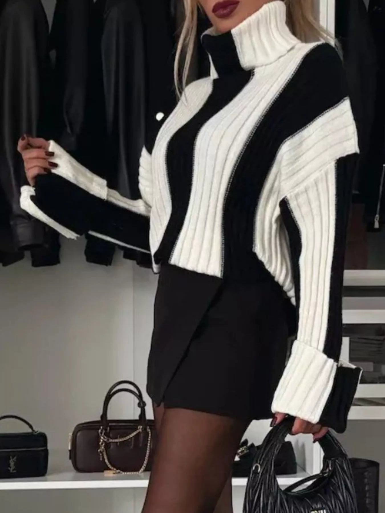 Color Block Ribbed Turtleneck Sweater -  Be Bliss Boutique
