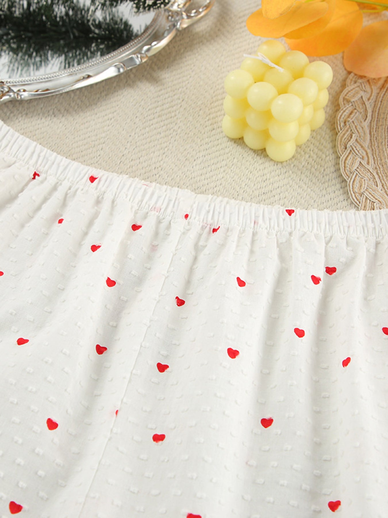 Heart Print Ruffle Trim Button-Up Cotton Lounge Set - Be Bliss Boutique