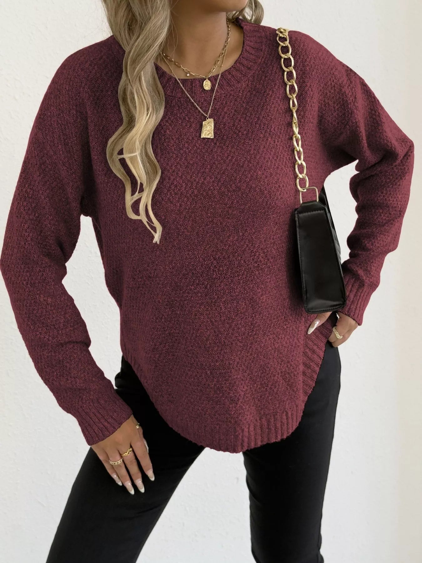 Textured Knit Relaxed Fit Round Neck Sweater - Be Bliss Boutique