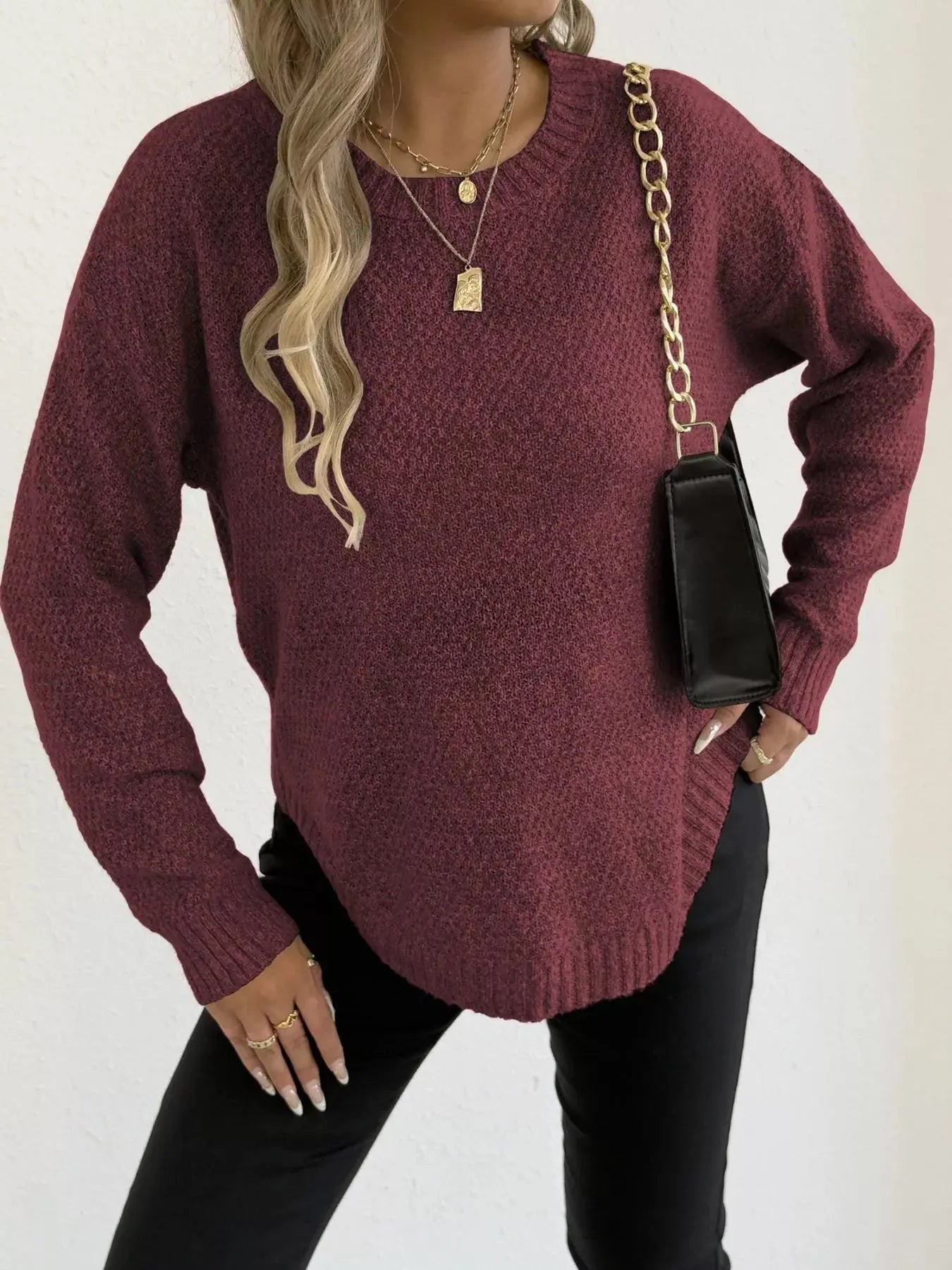 Round Neck Textured Knit Relaxed Fit Sweater - Be Bliss Boutique