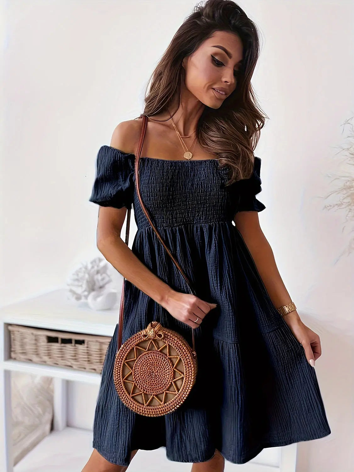 Full Size Ruffled Off Shoulder Short Sleeve Dress - Be Bliss Boutique