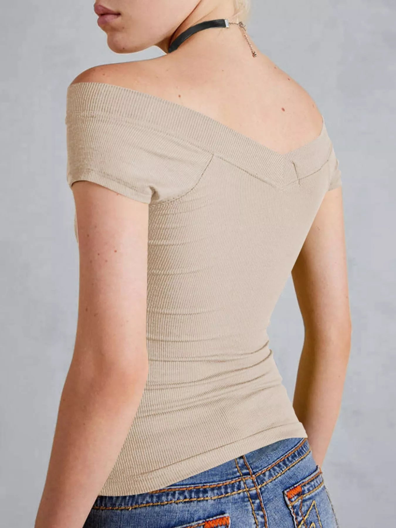 Ribbed V-Neck Cap Sleeve Fitted T-Shirt - Be Bliss Boutique