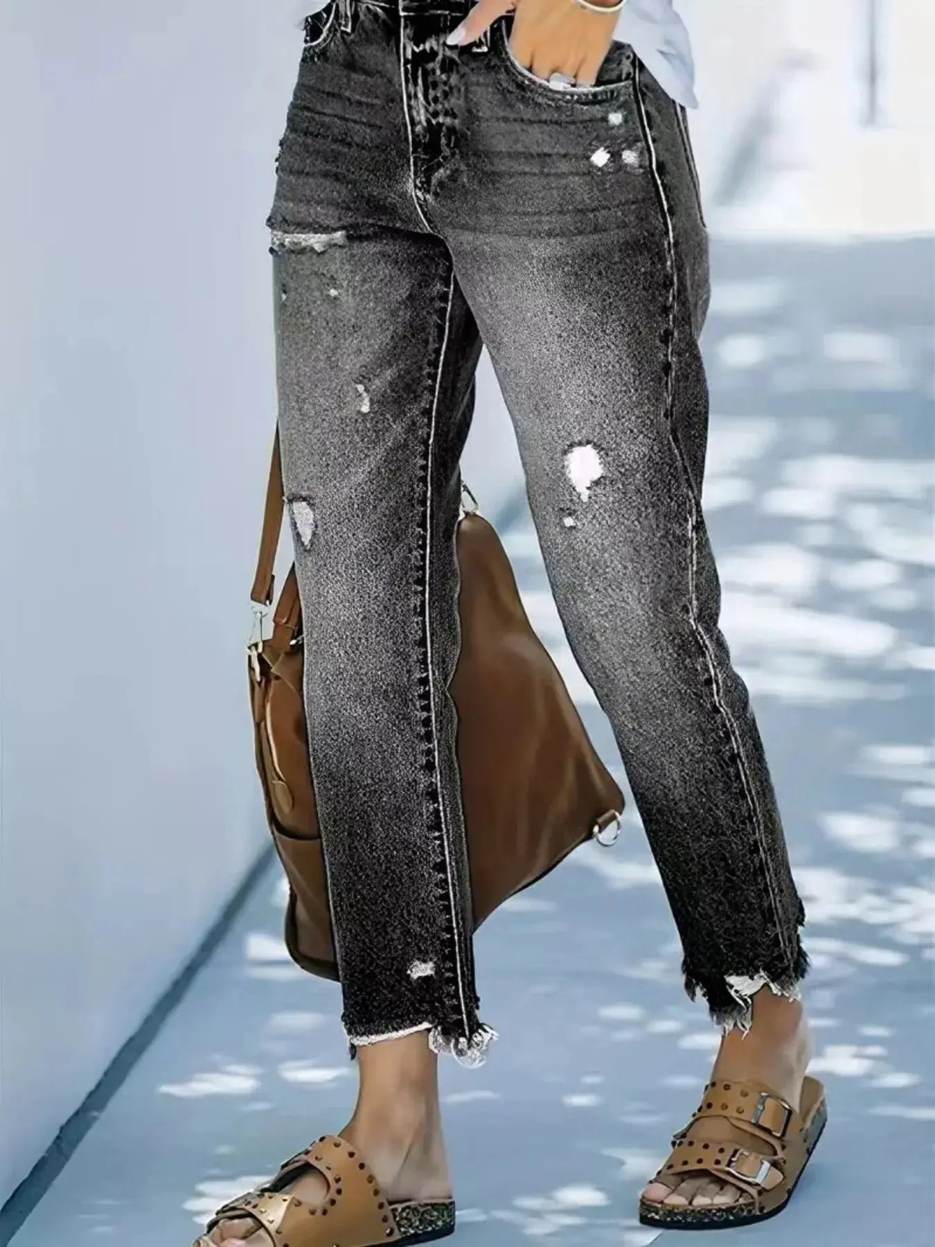 Distressed Straight Leg Jeans with Raw Hems - Be Bliss Boutique
