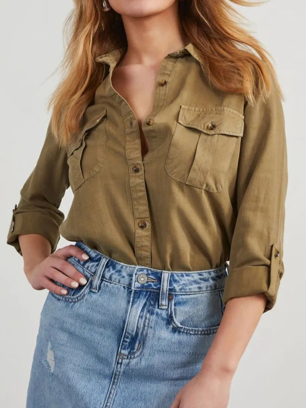 Collared Neck Roll-Tab Sleeve Womens Denim Shirt - Be Bliss Boutique