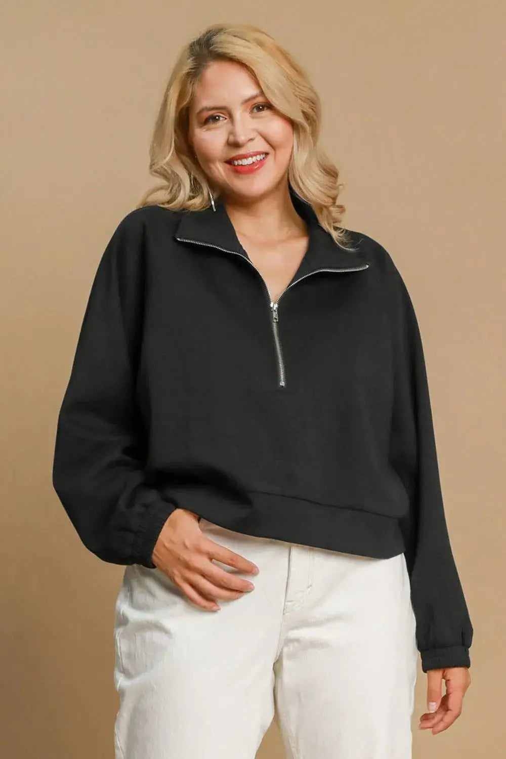 Umgee Full/Plus Size Half Zip Cropped Sweatshirt - Be Bliss Boutique