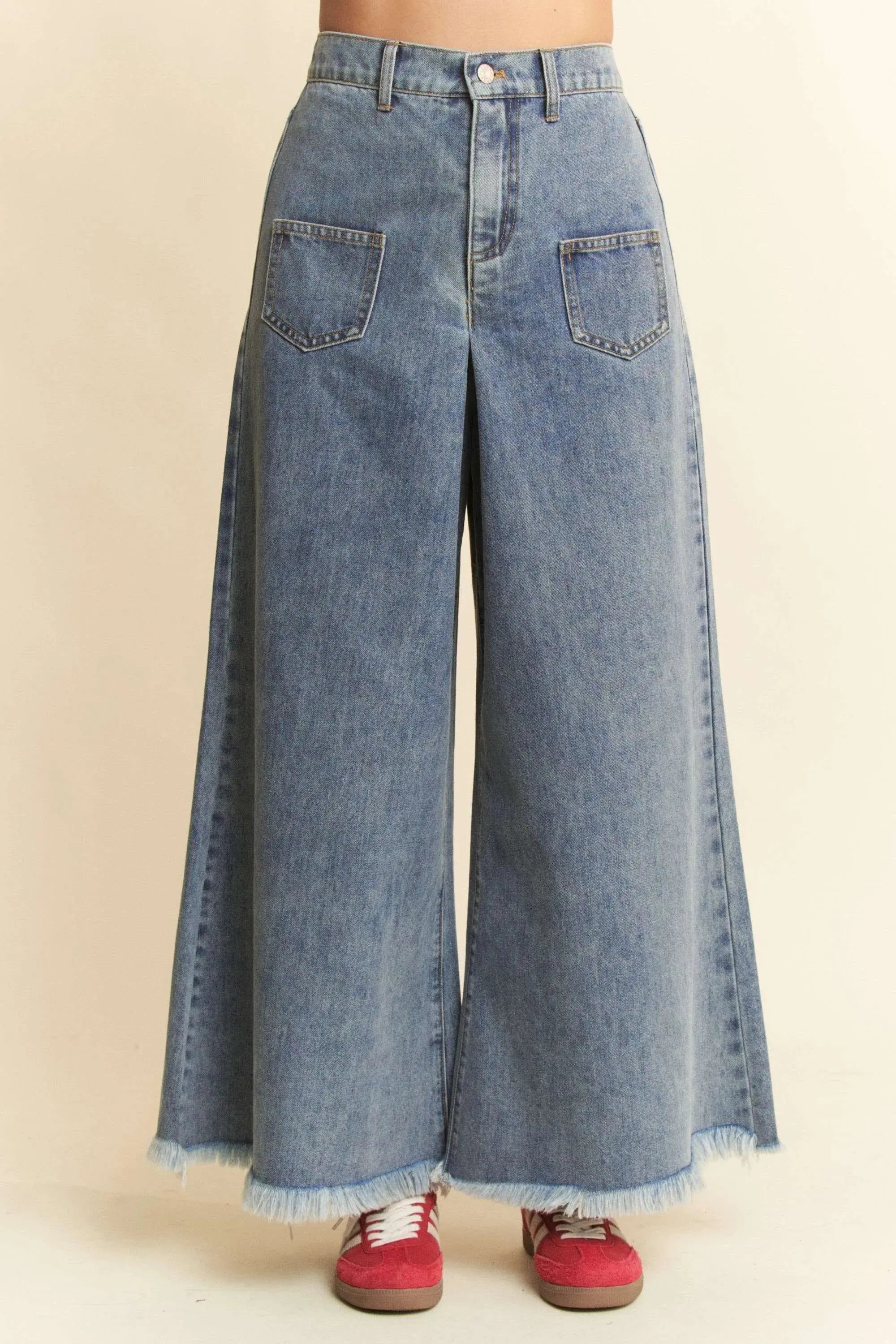 Davi & Dani Raw-Hem Patch-Pocket Wide Leg Culotte Jeans - Be Bliss Boutique