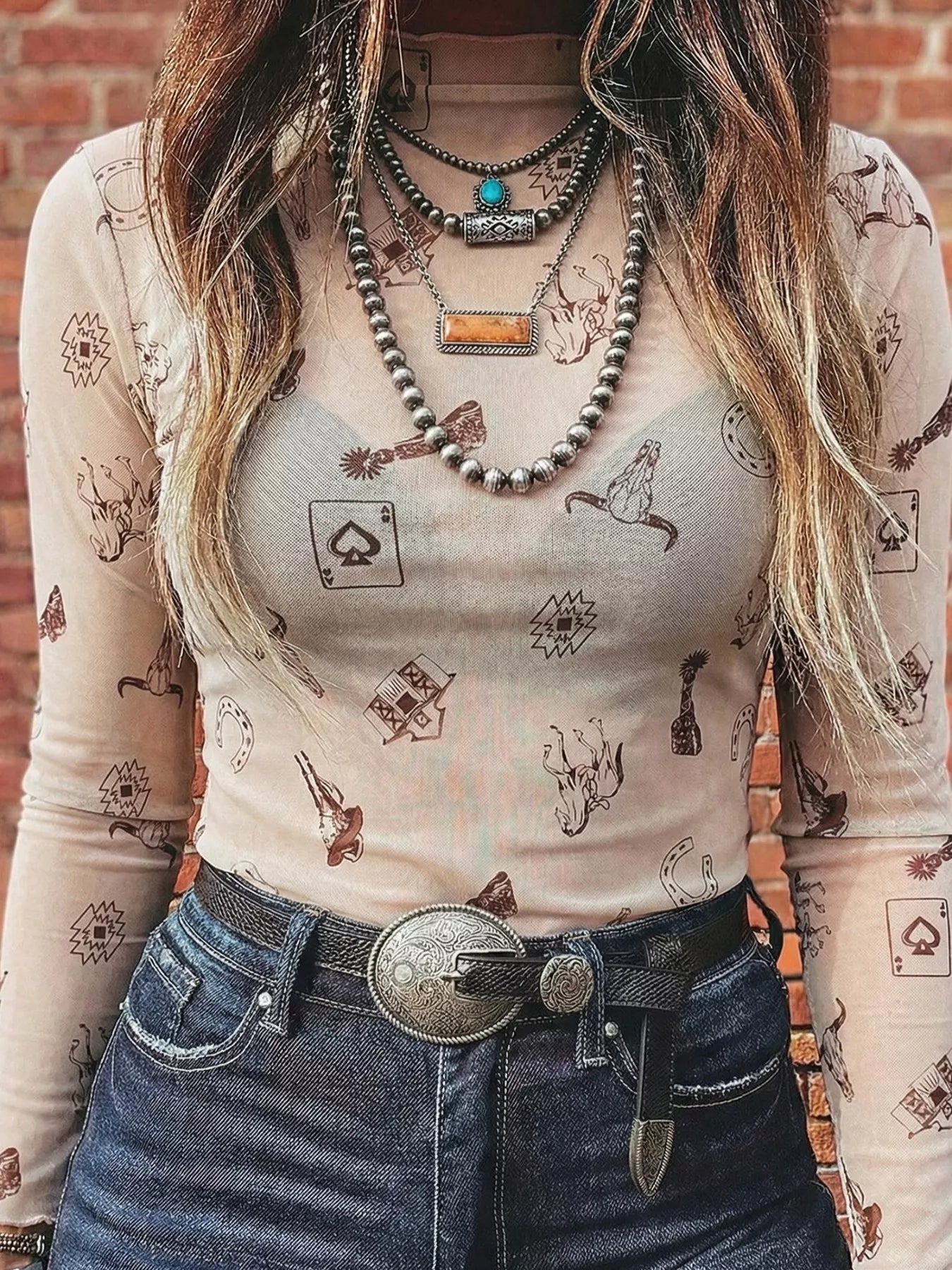 Western Print Slim Fit Mesh Long Sleeve Mock Neck Top - Be Bliss Boutique