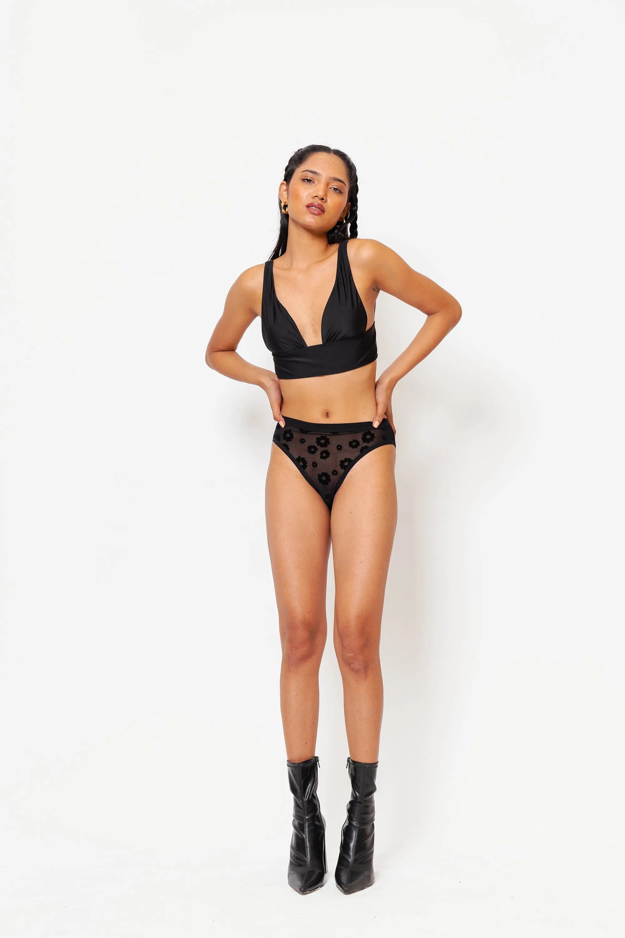 Black Daisy Flocked Mesh High Waist Bikini - Be Bliss Boutique