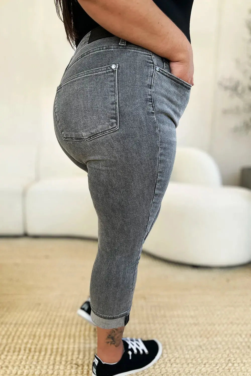 Judy Blue Jeans - Full Size Button Fly High Waist Cuffed Capris - Be Bliss Boutique