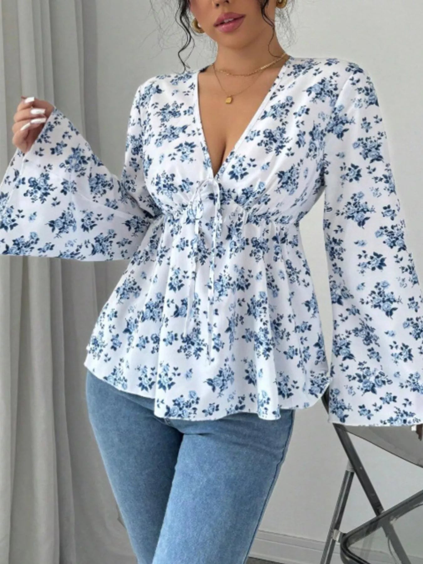 Floral Print V-Neck Long Sleeve Blouse - Be Bliss Boutique