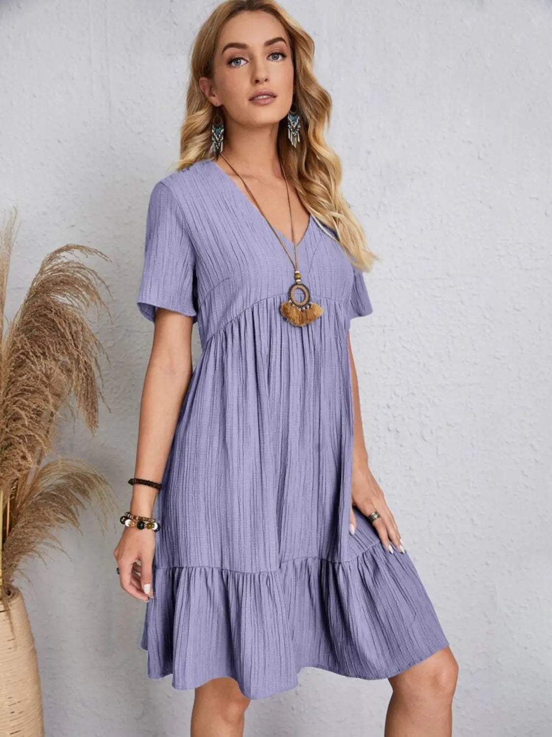 Boho Textured V-Neck Short Sleeve Babydoll Dress - Be Bliss Boutique