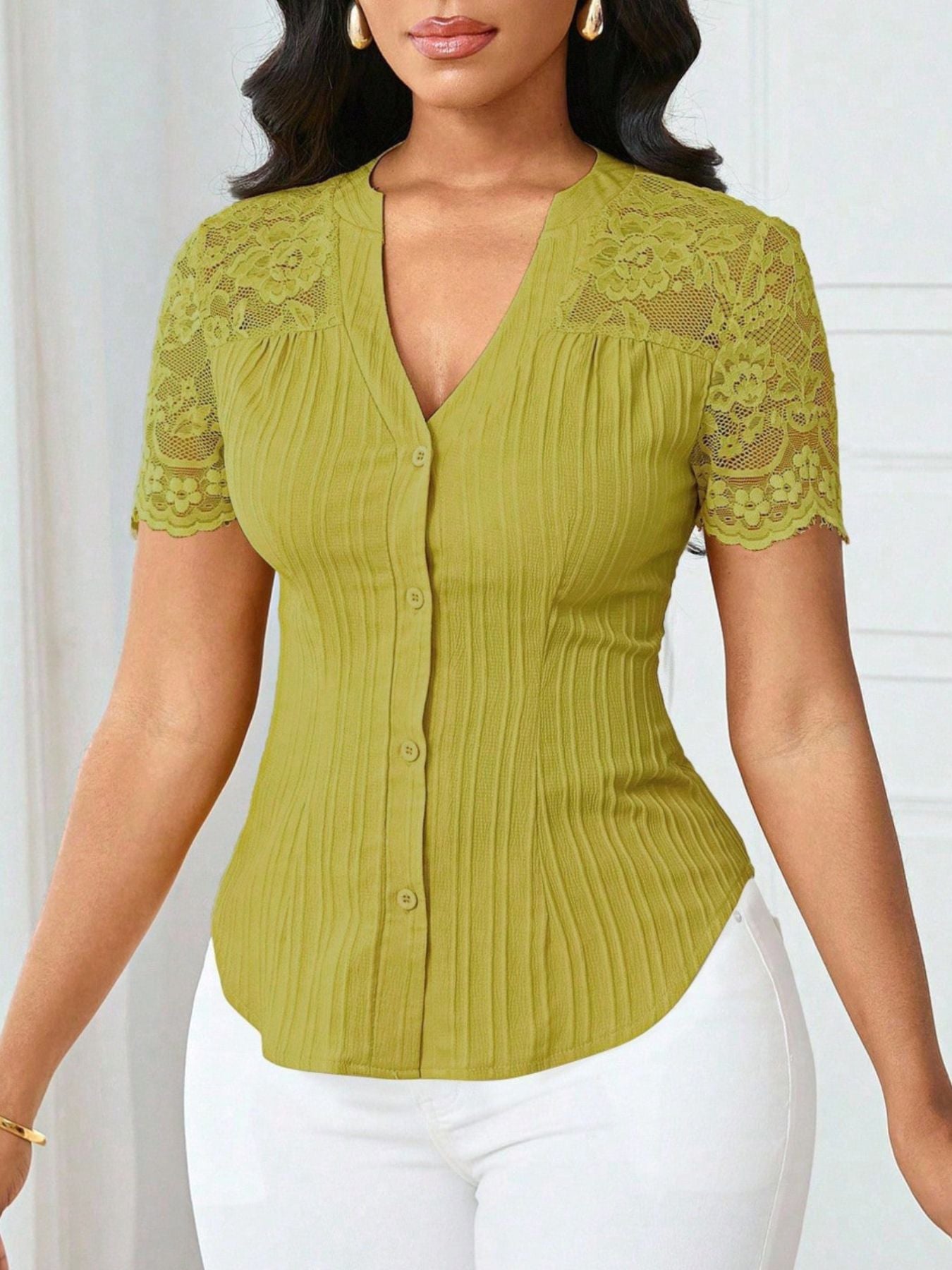 Button Up Lace Sleeve Blouse - Be Bliss Boutique