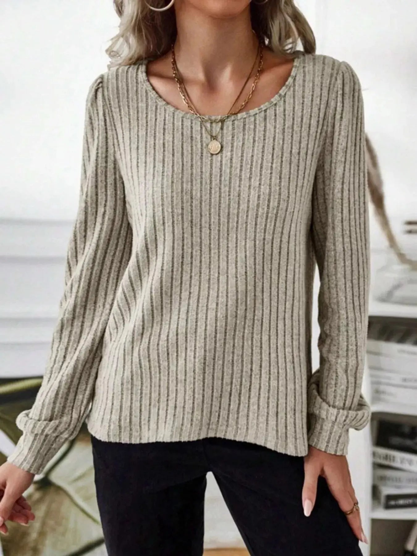 Ribbed Knit Long Sleeve T Shirt - Be Bliss Boutique