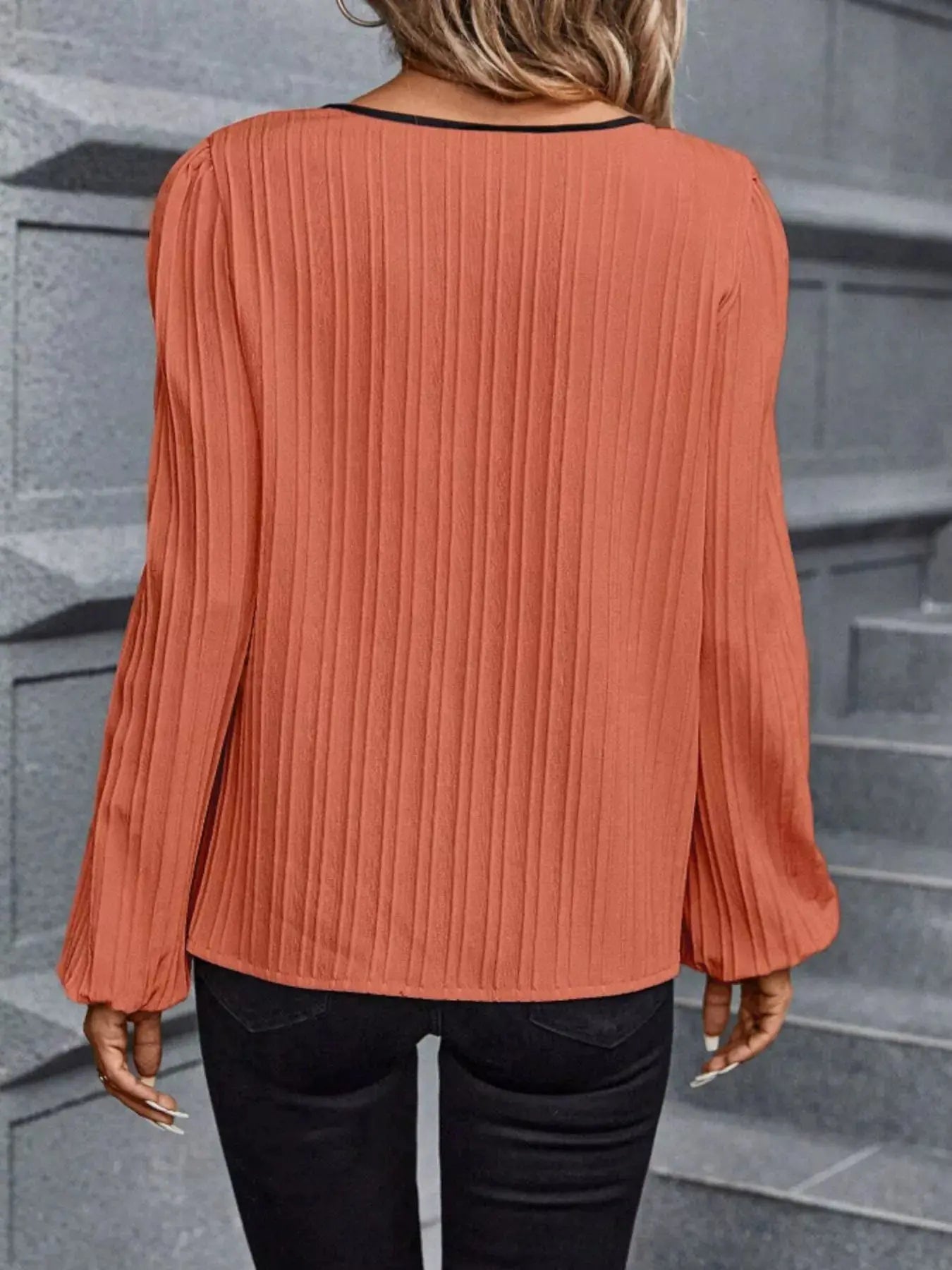 Textured Notched Long Sleeve Blouse - Be Bliss Boutique