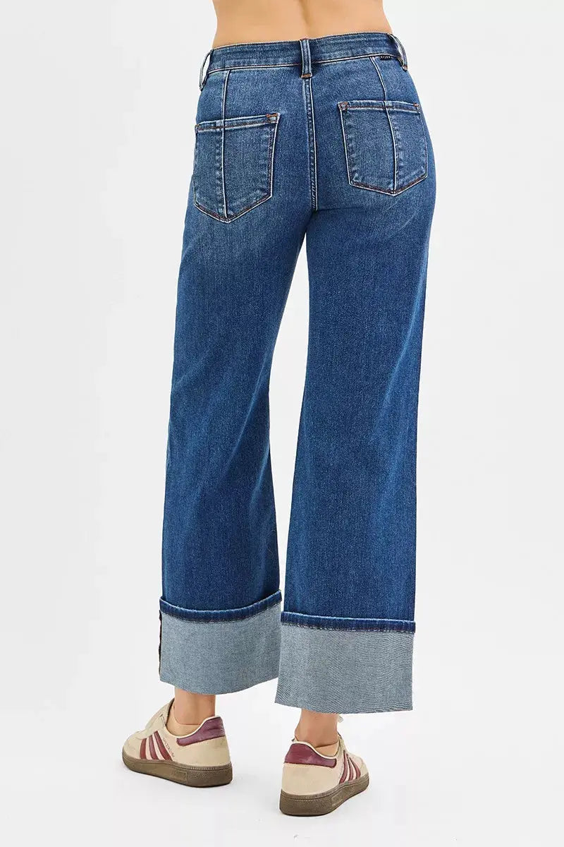 RISEN Jeans - Full Size High Rise Crop Wide Straight Cuffed Jeans - Be Bliss Boutique