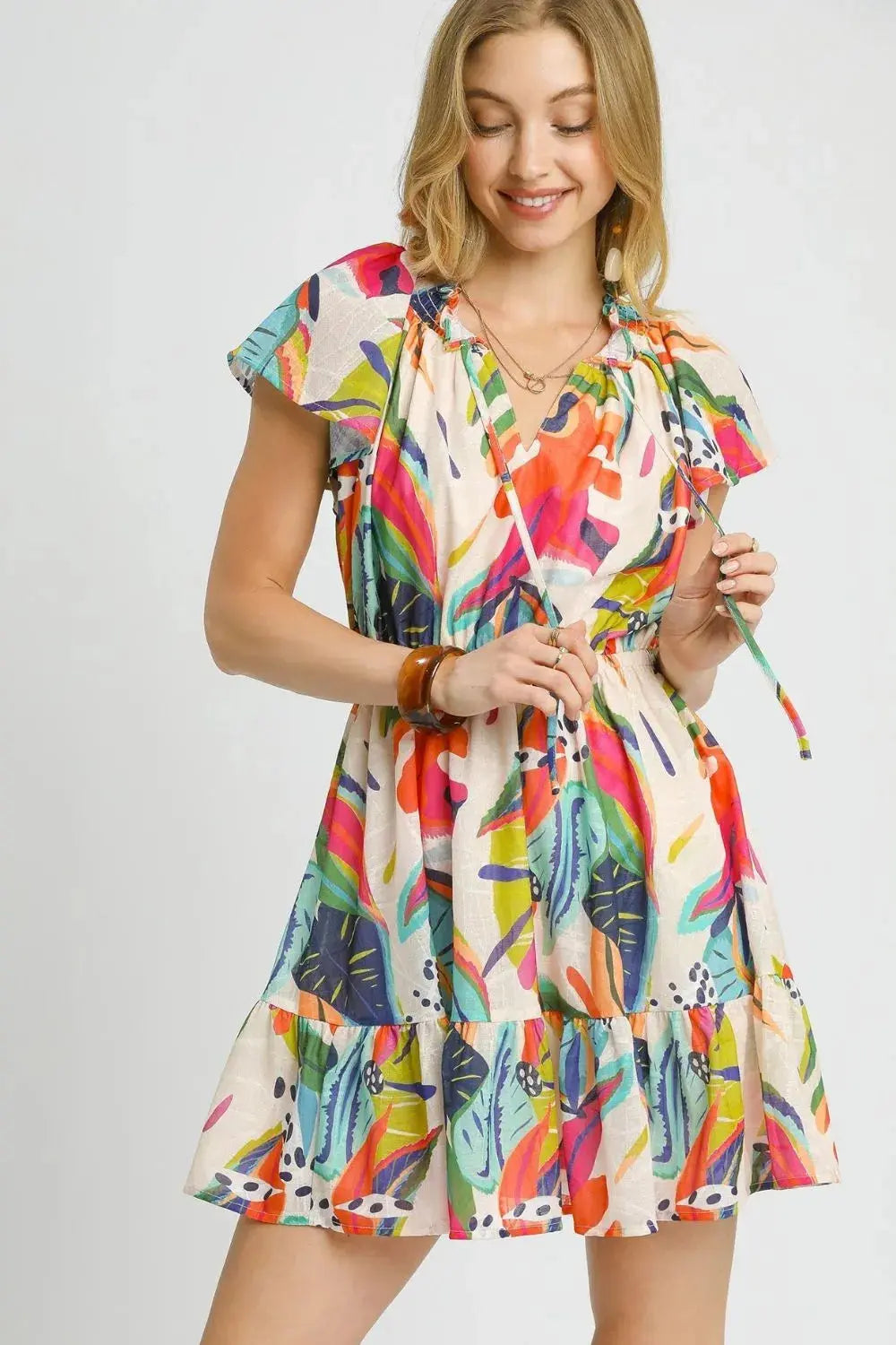Umgee Tie Neck Ruffle Hem Tropical Mini Dress - Be Bliss Boutique