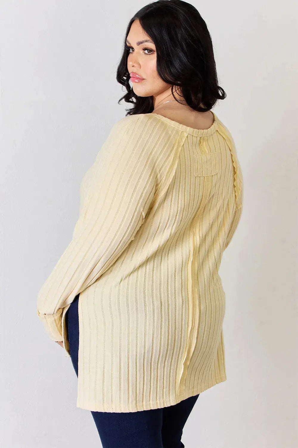 Basic Bae Ribbed Round Neck Slit Womens Long Sleeve T Shirt – Full & Plus Size - Be Bliss Boutique