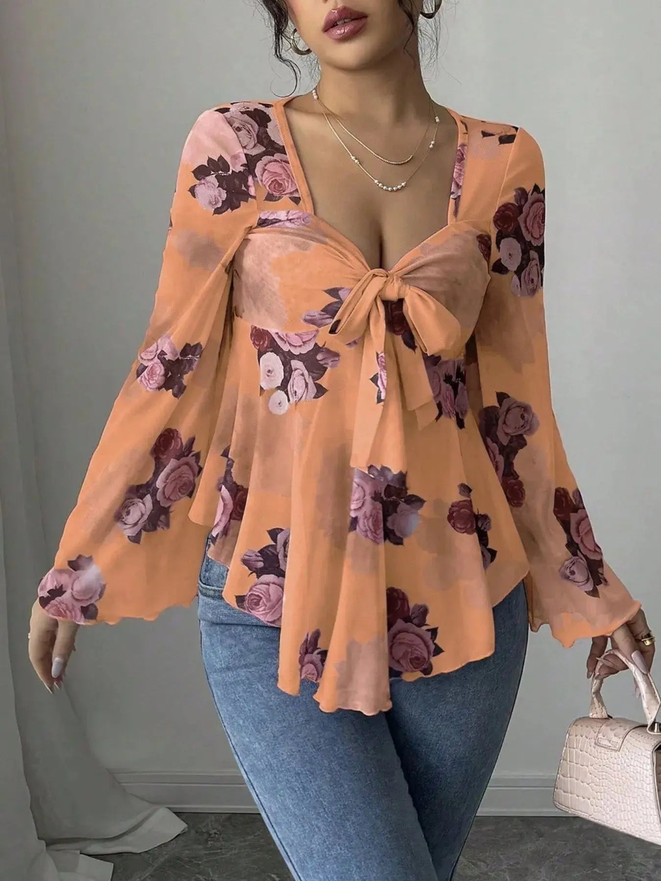 Floral Tie Front Flare Sleeve Blouse - Be Bliss Boutique