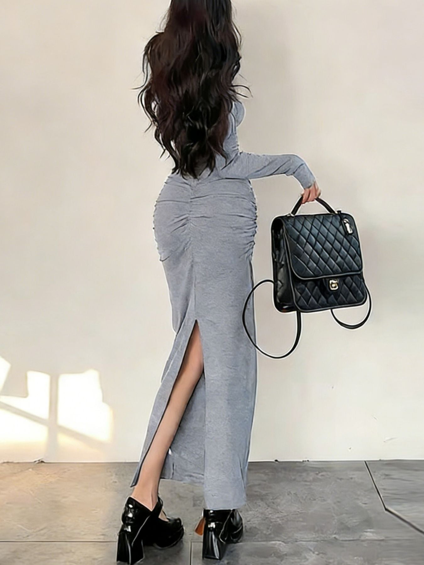 Ruched Slit Long Sleeve Bodycon Maxi Dress - Be Bliss Boutique