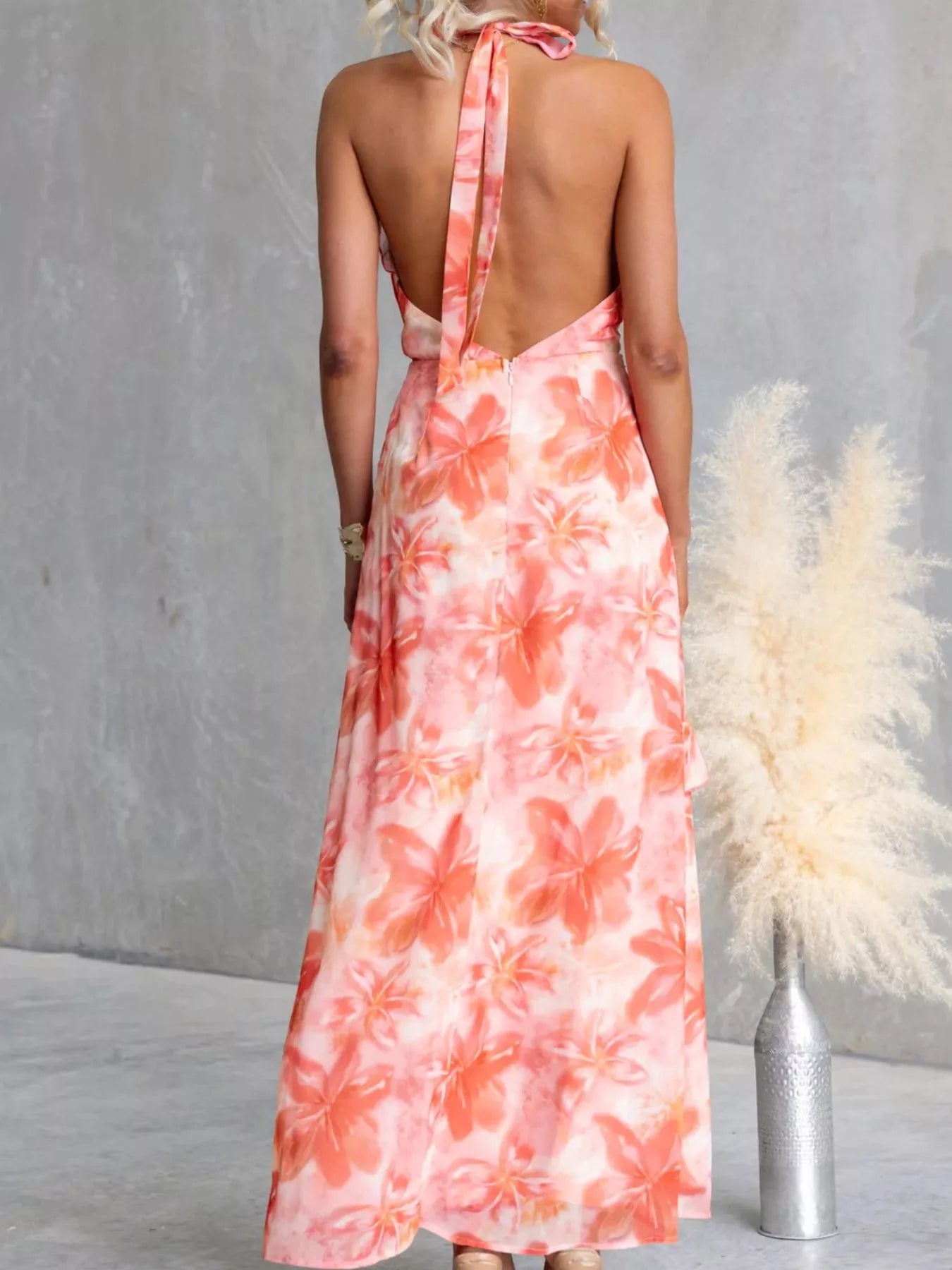 Floral Print Ruffle Halter Neck Maxi Dress - Be Bliss Boutique