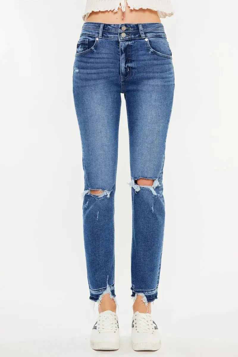 High Rise Distressed Slim Kancan Straight Leg Jeans - Be Bliss Boutique