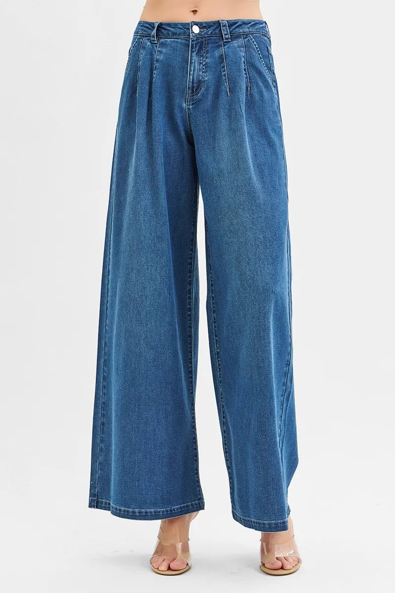 Mid Rise Wide Leg Knit Denim Palazzo RISEN Jeans - Be Bliss Boutique