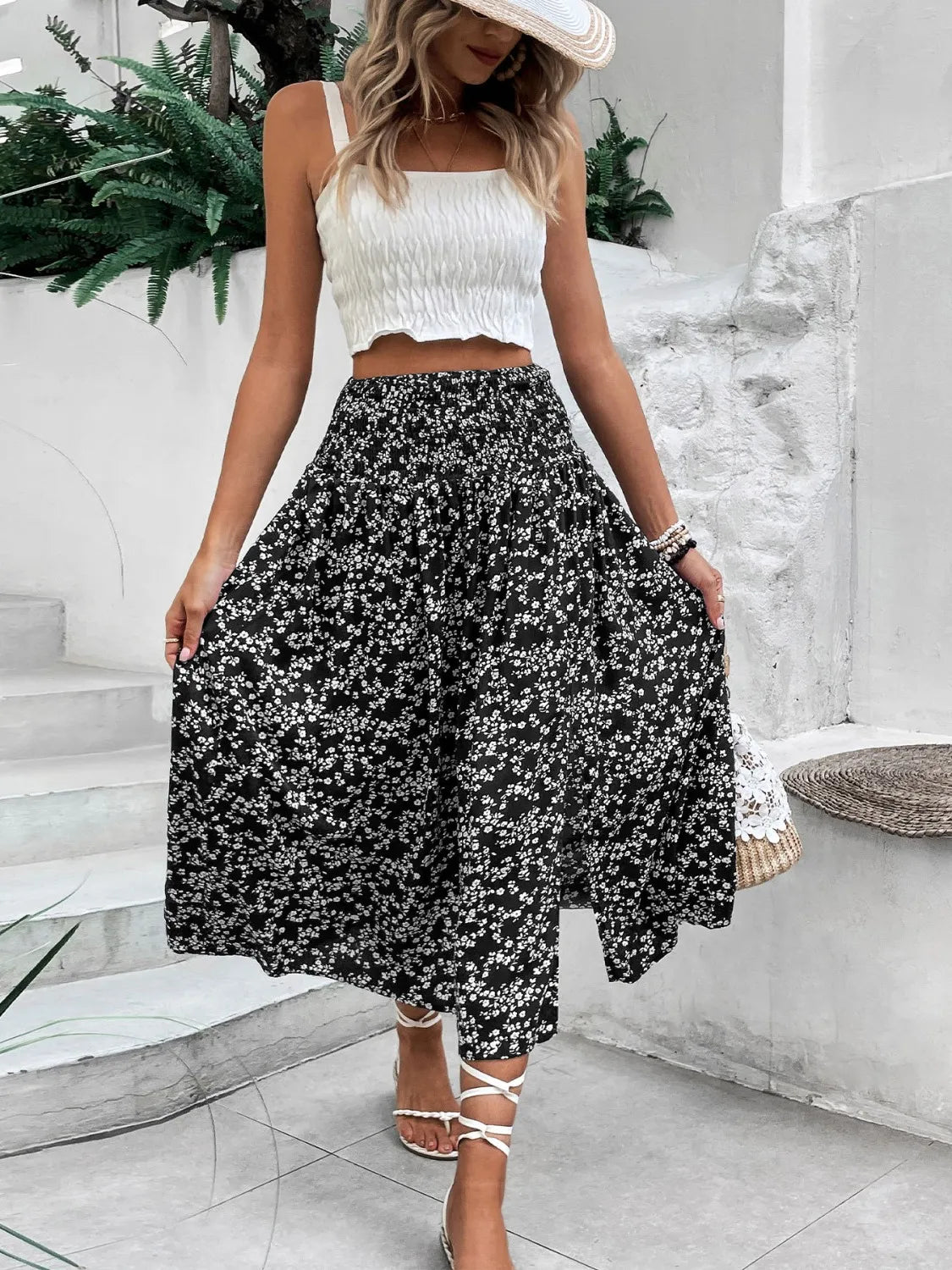 Slit Smocked High Waist Floral Midi Skirt - Be Bliss Boutique