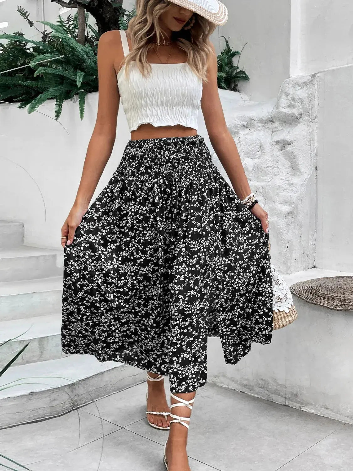Slit Smocked High Waist Floral Midi Skirt - Be Bliss Boutique