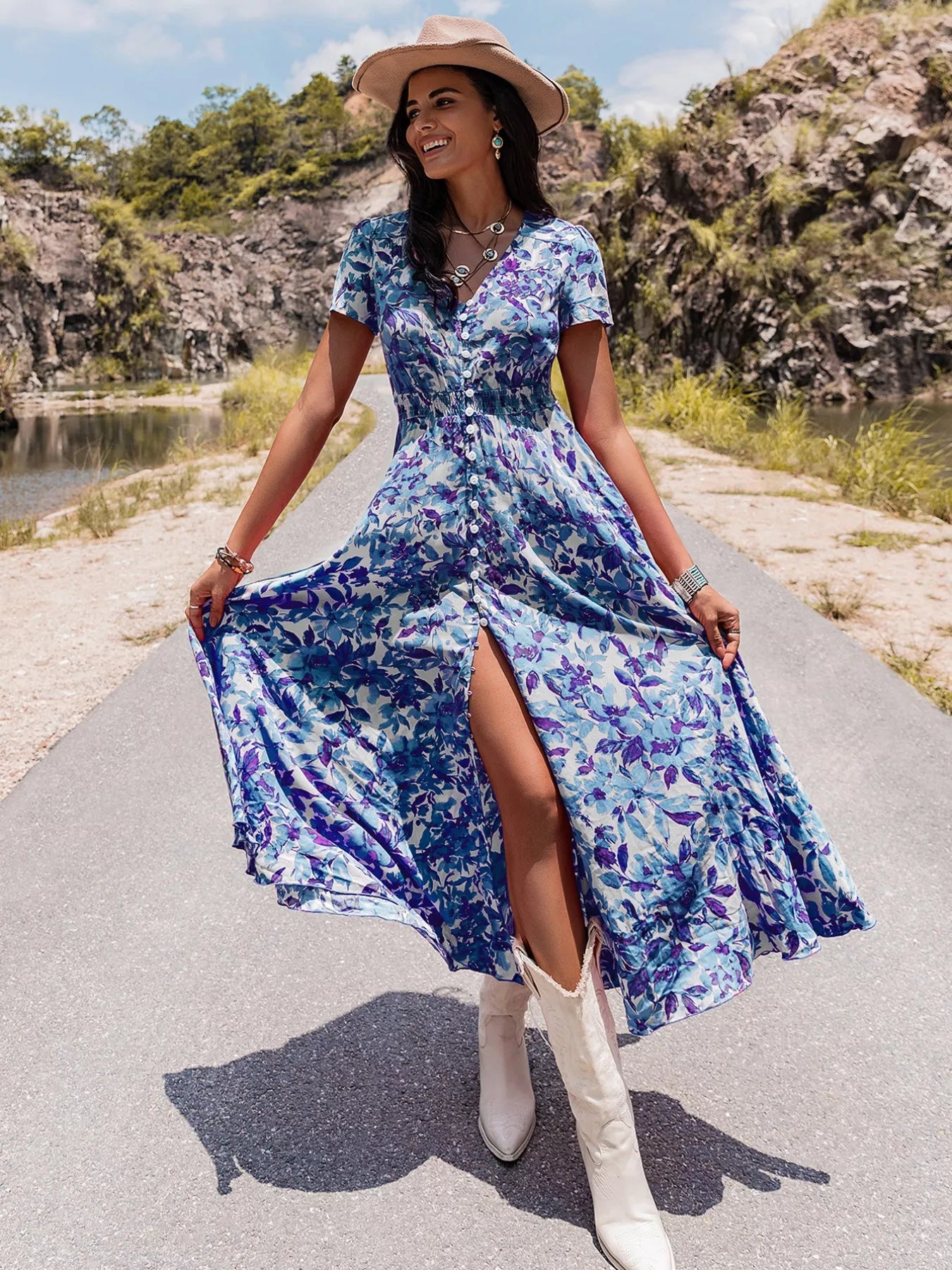 Floral Print Slit Front V Neck Midi Dress - Be Bliss Boutique