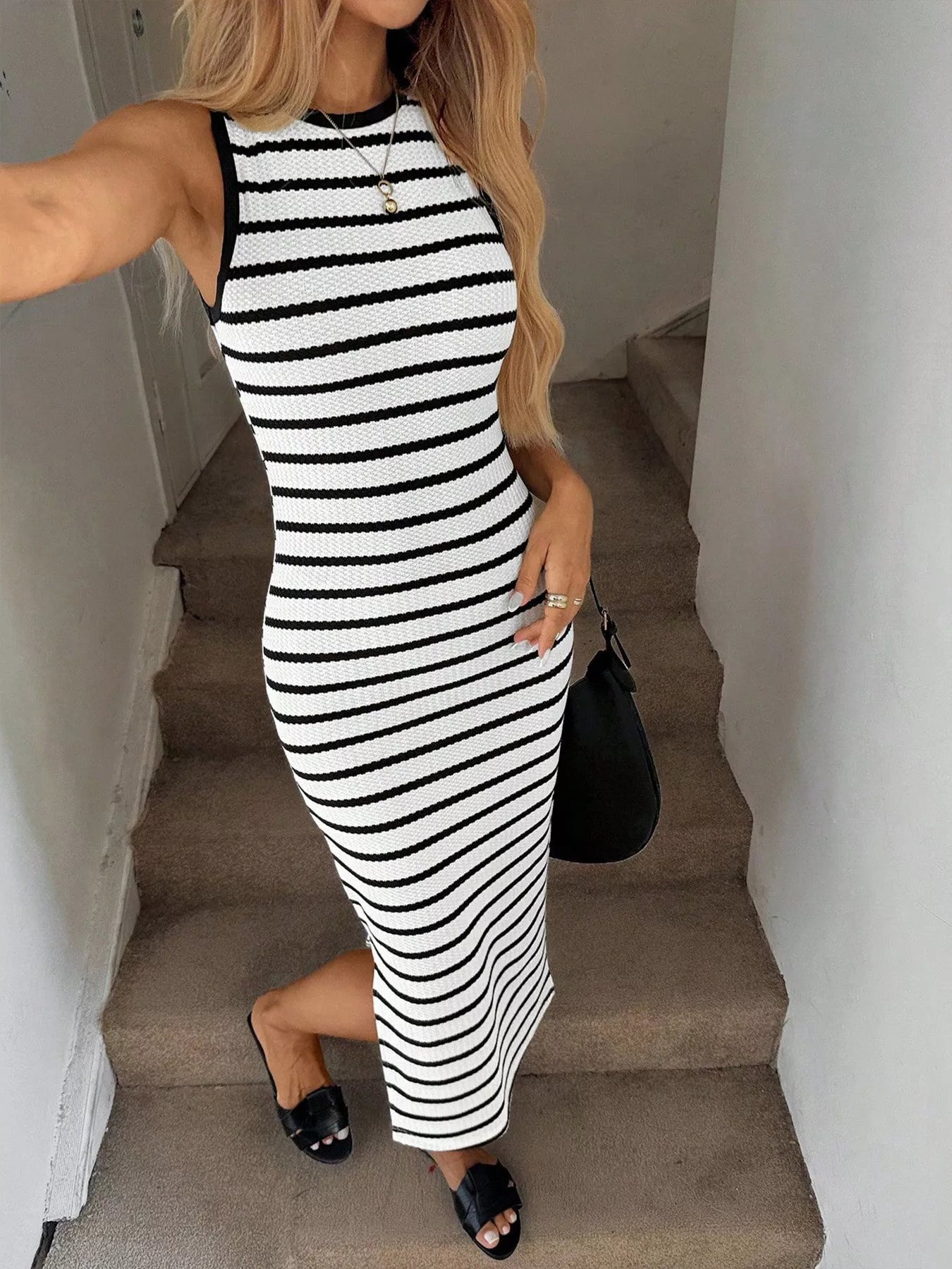 Sleeveless Striped Bodycon Midi Dress - Be Bliss Boutique