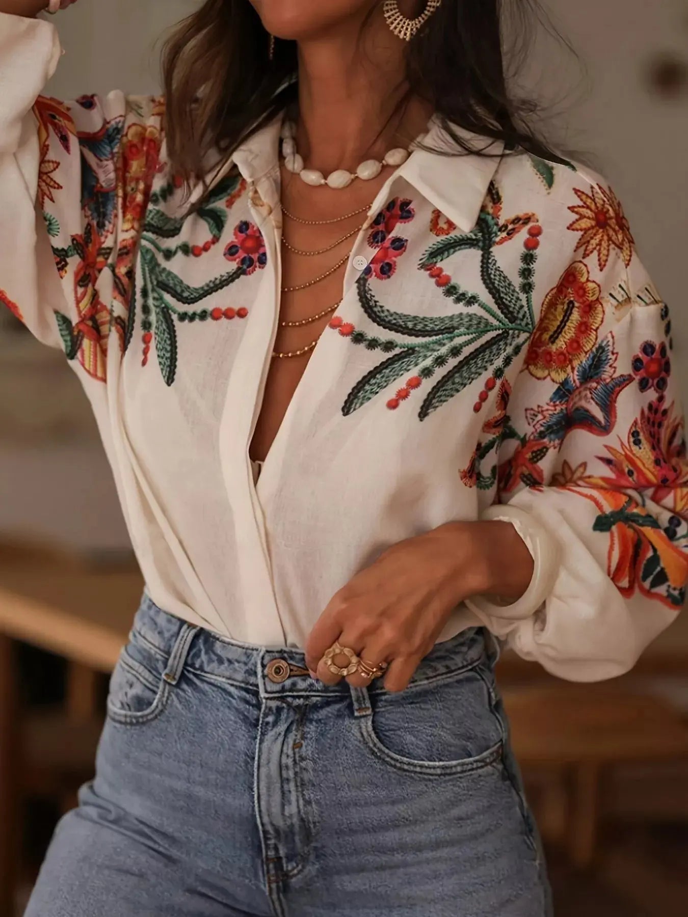 Embroidered Floral Button Up Long Sleeve Shirt - Be Bliss Boutique