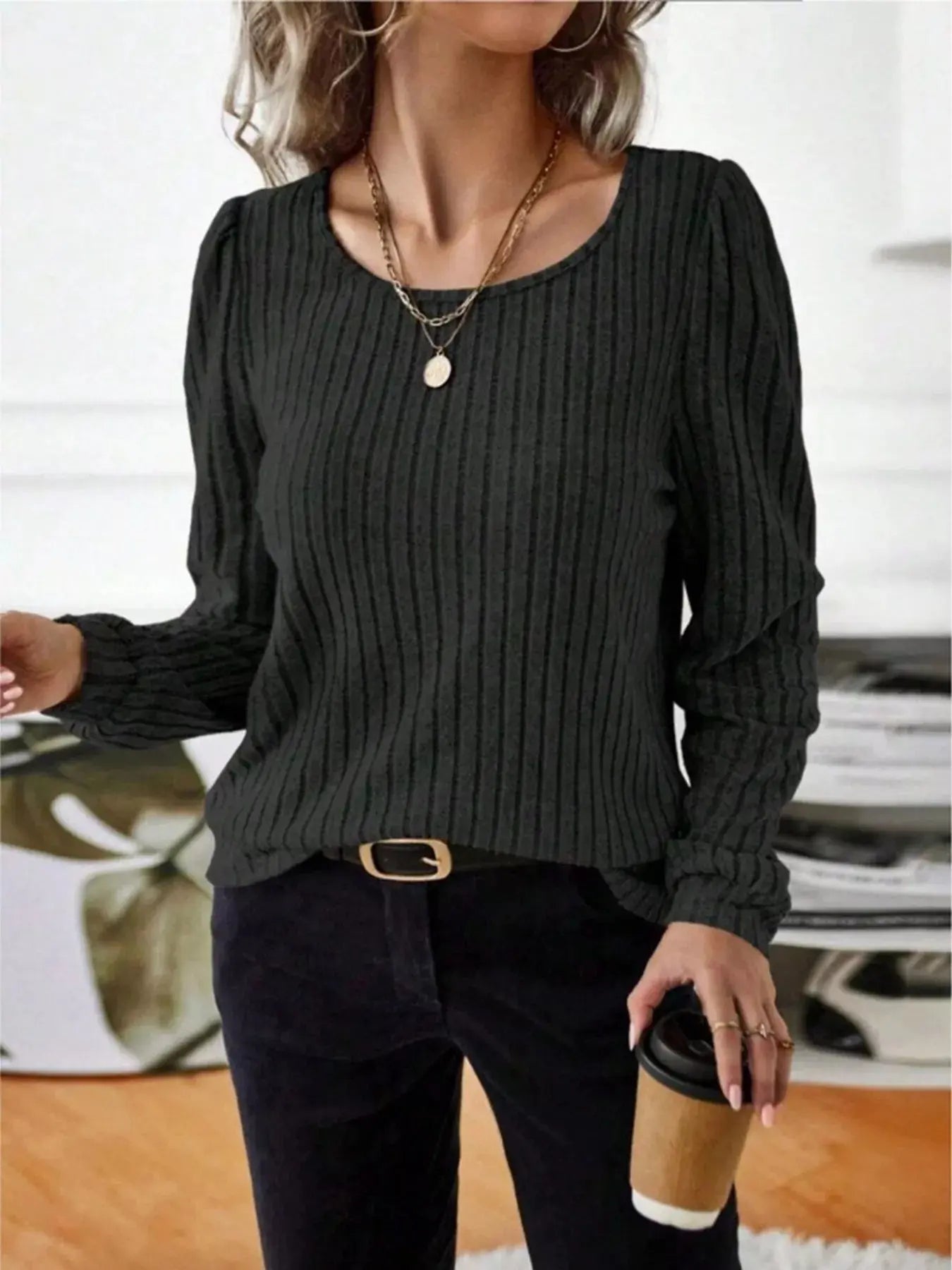 Ribbed Knit Long Sleeve T Shirt - Be Bliss Boutique
