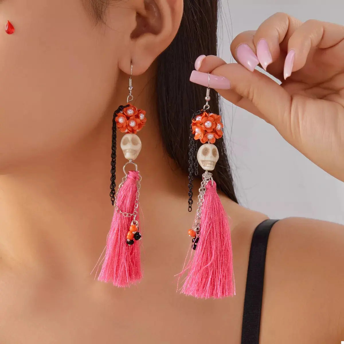 Sugar Skull Tassel Halloween Drop Earrings - Be Bliss Boutique