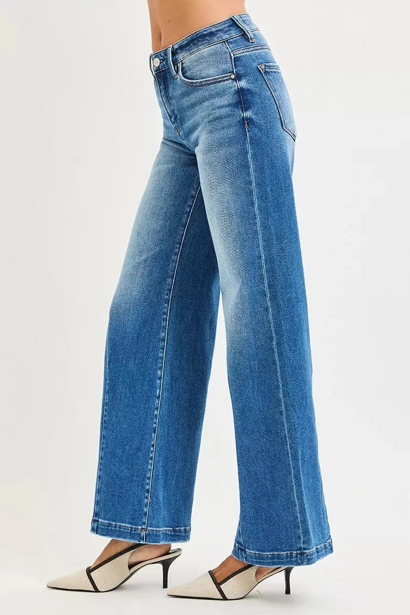 RISEN Jeans - Full Size Mid Rise Wide Leg Jeans with Flared Look - Be Bliss Boutique