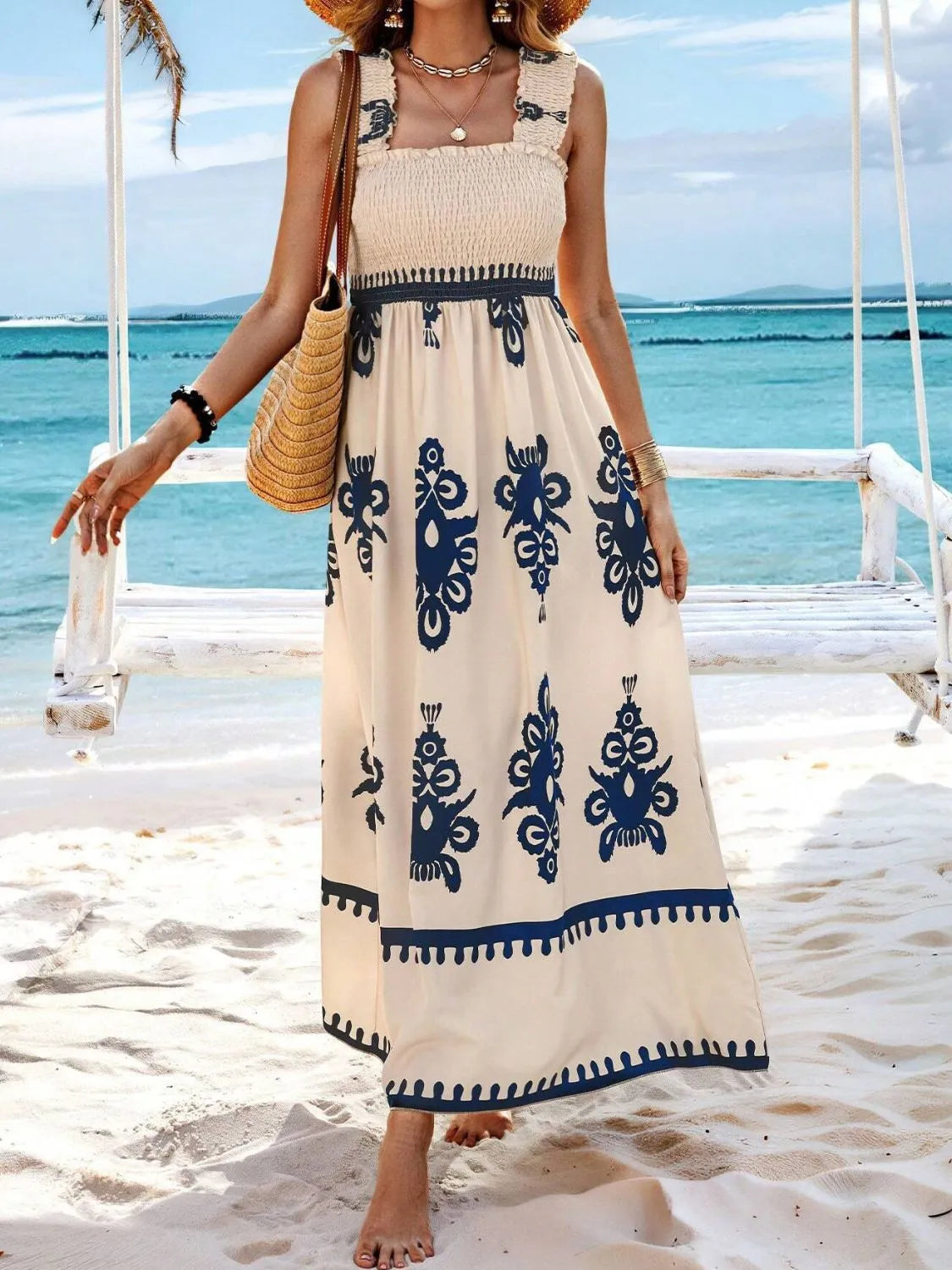 Smocked Printed Wide Strap Maxi Dress - Be Bliss Boutique
