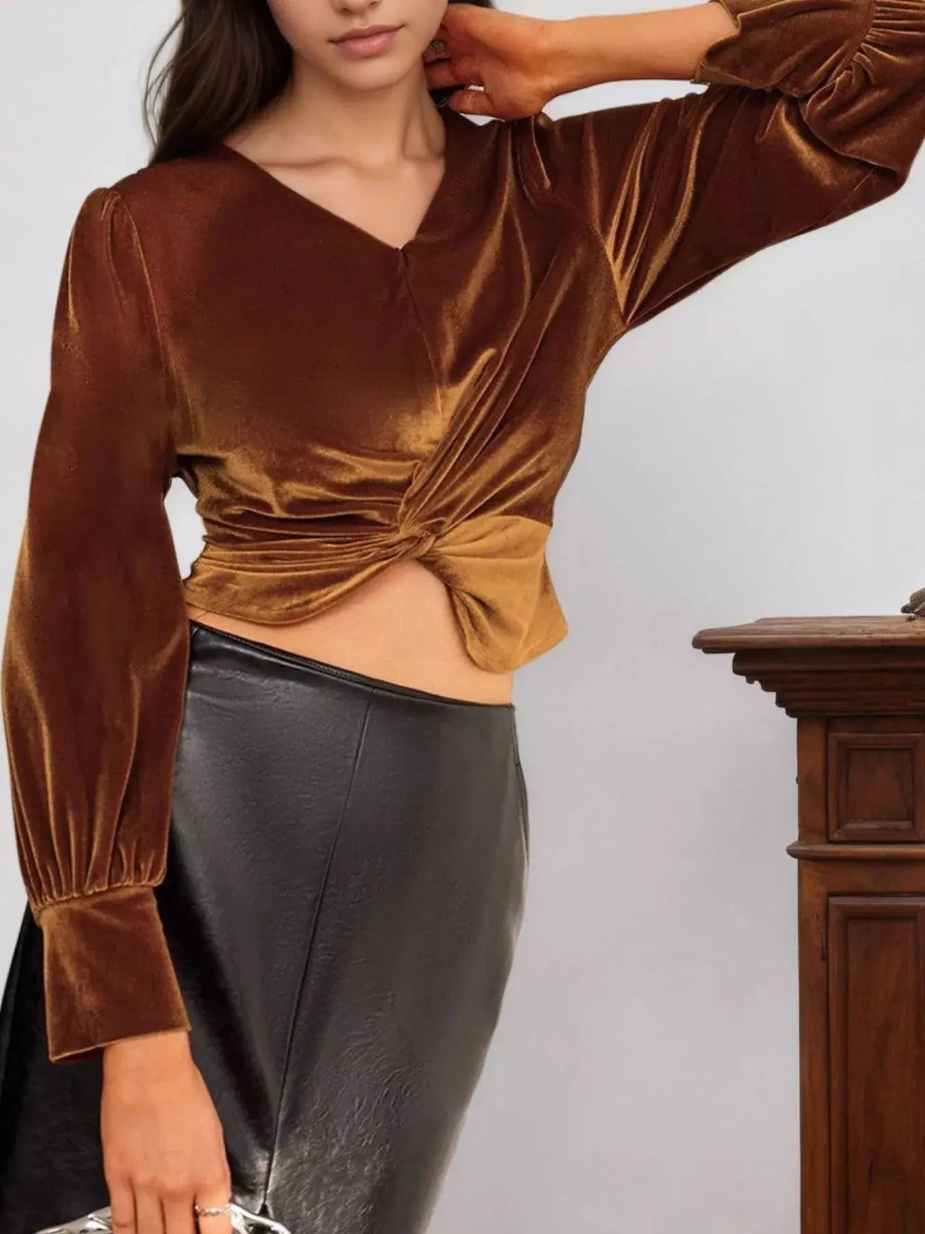 Twisted V Neck Long Sleeve Blouse - Be Bliss Boutique