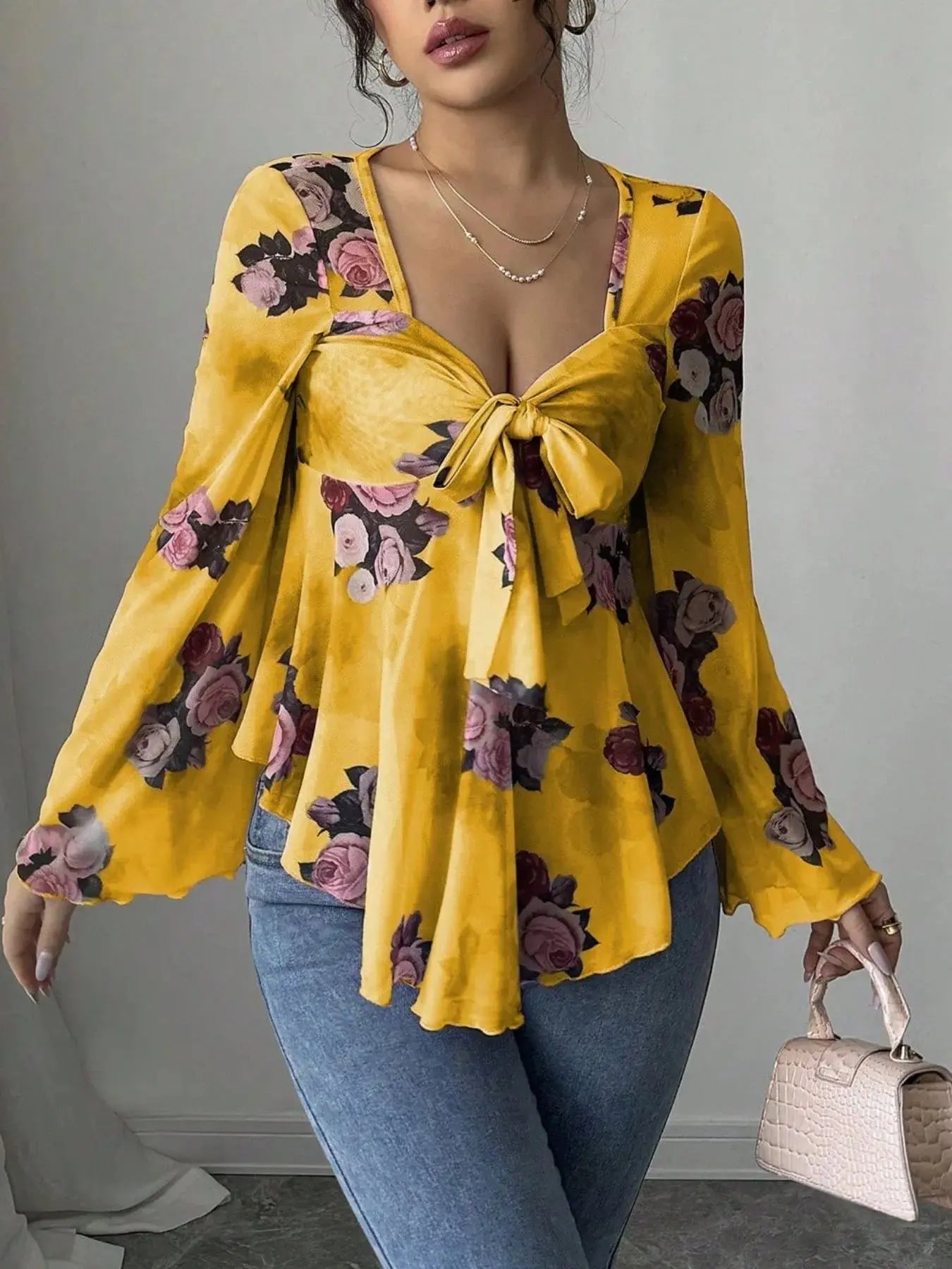 Floral Tie Front Flare Sleeve Blouse - Be Bliss Boutique
