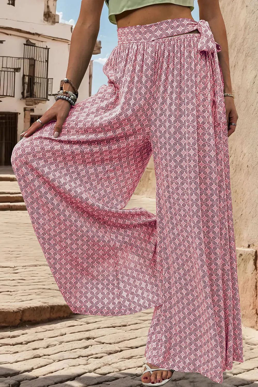 Printed Tied Wide Leg Pants - Be Bliss Boutique