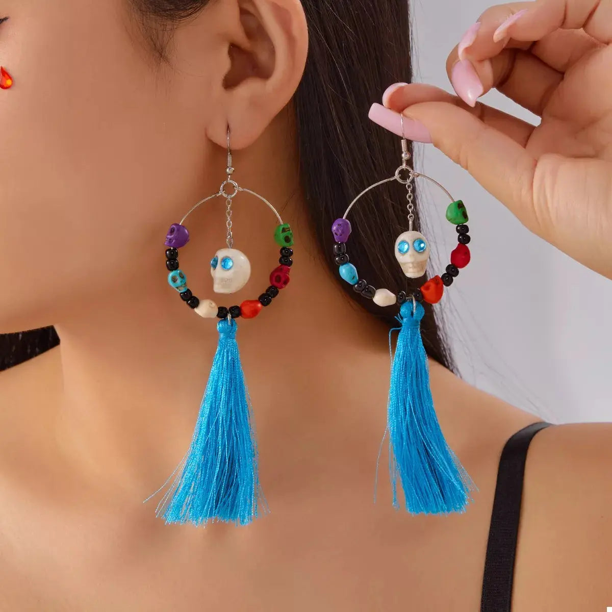 Sugar Skull Tassel Halloween Drop Earrings - Be Bliss Boutique