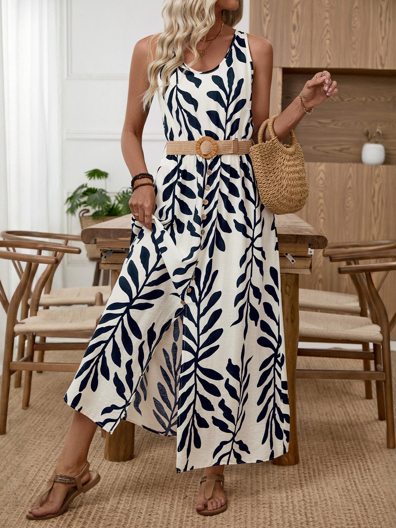 Leaf Print Sleeveless Maxi Dress - Be Bliss Boutique