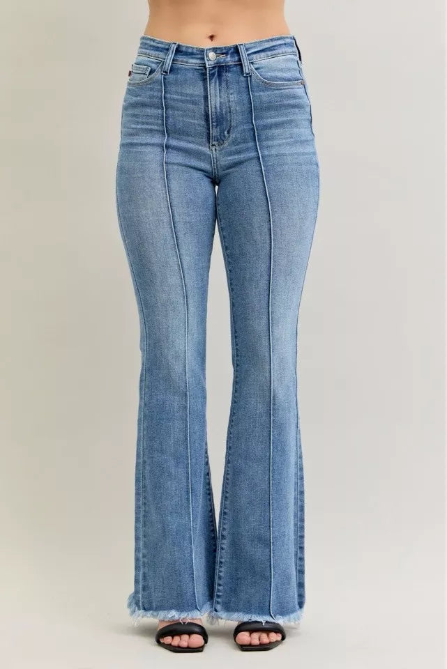 Judy Blue Jeans - High Waist Flare Fray Hem Jeans with Front Pintuck Detail - Be Bliss Boutique