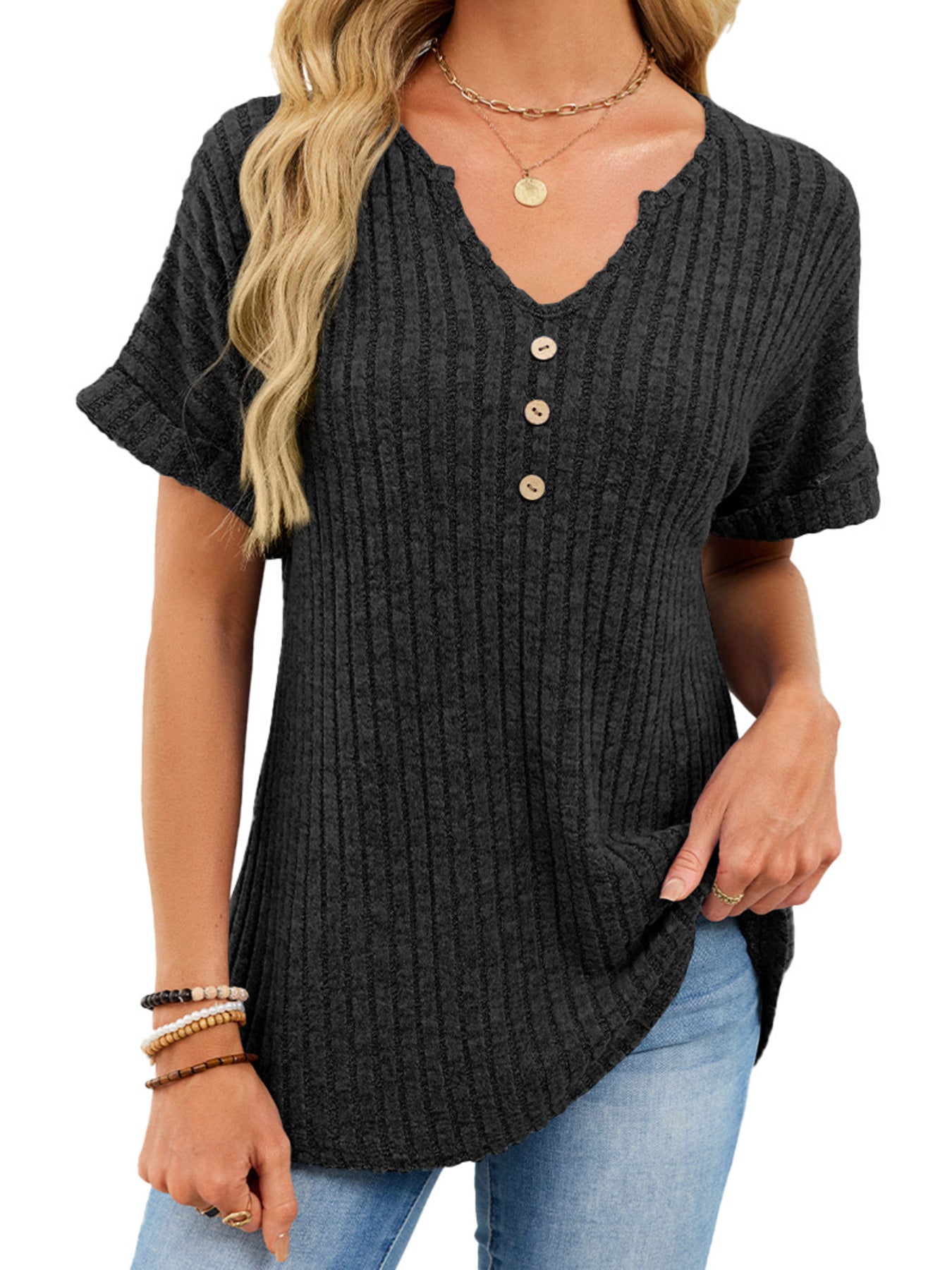Women's Ribbed Knit Button V Neck Short Sleeve T Shirt - Be Bliss Boutique