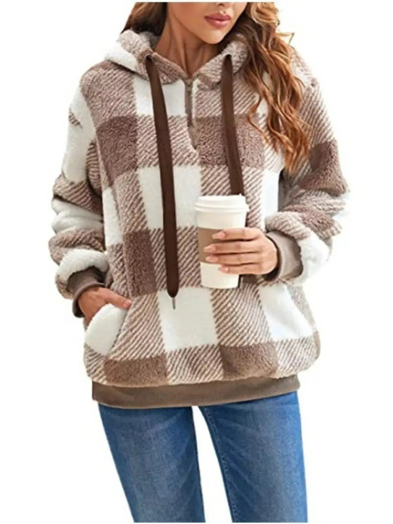 Plus Size Plaid Drawstring Sherpa Hoodie - Be Bliss Boutique